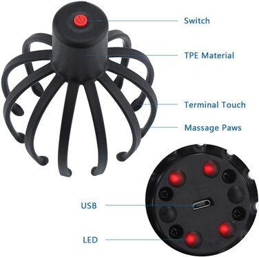 Масажер для голови KKPLZZ, електричний масажер для голови без допомоги рук, трирівневий регульований масажер з кігтями восьминога для глибокого розслаблення, стимуляції волосся та зняття стресу в організмі