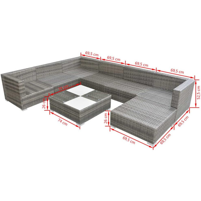 Диван садовий 8 шт. Набір сидінь з полі ротанга Набір садових меблів для відпочинку сірий