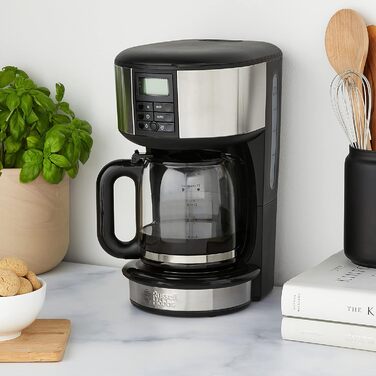 Кавоварка Russell Hobbs цифровий таймер, душова лійка для оптимальної екстракції та аромату Букінгем (макс. 10 чашок, скляний глечик 1,25 л, нагрівальна плита, 1000 Вт) Кавоварка з фільтром 20680-56