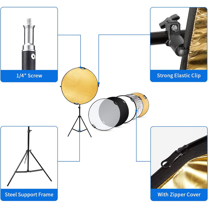 Круглий рефлектор Selens 5 в 1 110CM зі світловим штативом 200CM комплект для фотостудійної портретної зйомки, круглий відбивач Розсіювач Золото/Сріблястий/Білий/Чорний/Прозорий