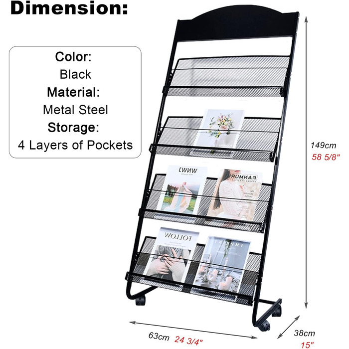 Підлогова стійка для журналів, підставка для літератури, портативна підставка для брошур на колесах з 4 кишенями, органайзер для документів для виставок / лобі в чорному кольорі