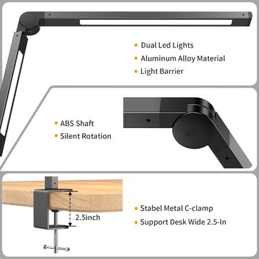 Настільна лампа EppieBasic Світлодіодна затискна, світлодіодна настільна лампа з подвійним світлом з можливістю затемнення, лампа денного світла Настільна лампа для домашнього офісу 4-колірні режими Поворотний монітор для офісу, читання, роботи, 12 Вт
