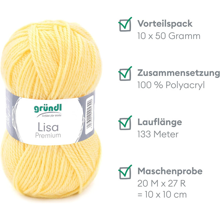 Пряжа Grndl Lisa Premium Uni Knitting & Chet Yarn (м'яка і схожа на шерсть, проста в догляді миється трикотажна пряжа з 100 поліакрилу, 50 г/ 133 м, розмір голки 3,5 - 4,5, 10 клубків по 50 г кожен), (пастельно-жовтий)