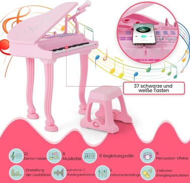 Дитяча клавіатура COSTWAY з 37 клавішами та стільчиком, електронна клавіатура для піаніно портативна з мікрофоном, світлодіодний режим навчання, функція запису та відтворення, музичний інструмент для дітей від 3 років (рожева)