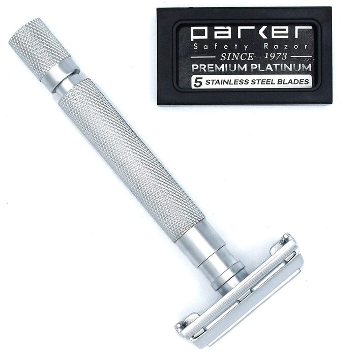 Безпечна бритва Parker, Parker 74R Satin Chrome - довга ручка, важкий метелик, відкритий подвійний край, безпечна бритва для чоловіків хромована напівглянцева