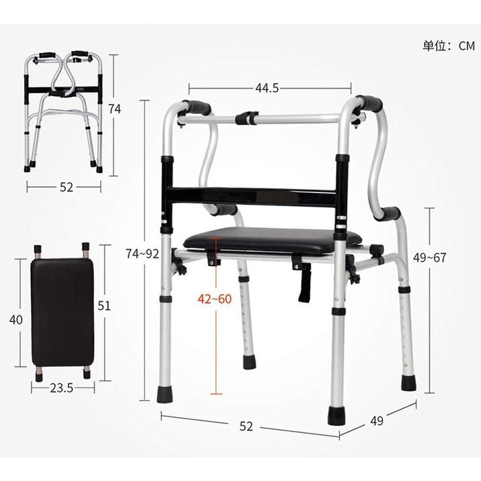 Інвалідний візок, легкий, складні ходунки з нековзним, м'яким сидінням, регульованою по висоті рамою для ходьби, старший