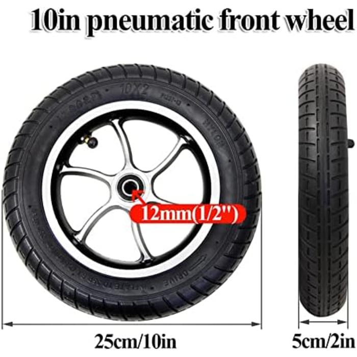 Дюймові запасні частини для коліс, переднє колесо в зборі для інвалідних візків з електроприводом, надувні шини 10 x 2, аксесуари для інвалідних візків/чорний/10 x 2, 2 шт., 10-