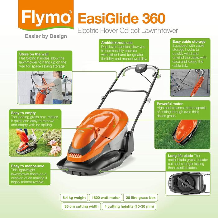 Газонокосарка Flymo EasiGlide 360 Hover Collect - двигун 1800 Вт, ширина зрізу 36 см, травозбірник на 26 л, складається рівно, довжина кабелю 10 м, 9704832-01, оранжевий/сірий, ширина зрізу 36 см