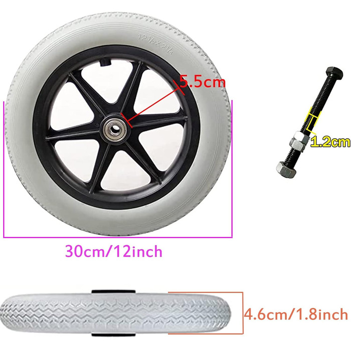 Ролики для інвалідних візків, 2 шт. и, ролики для інвалідних візків, змінні колеса для інвалідних візків, 12-дюймове колесо, 1/2-дюймовий підшипник, заднє колесо для інвалідних візків, для інвалідних візків, суцільне, стійке до проколів, сіре колесо 30 см