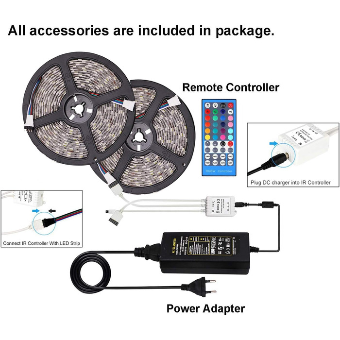 Комплект світлодіодних стрічок, 10-метрова світлодіодна стрічка XUNATA RGBWW 5050 600Leds водонепроникна світлодіодна стрічка з 40 клавішами ІЧ-пульт дистанційного керування 12 В постійного струму для прикраси автомобіля на різдвяну кухню, вечірку (RGBтеп