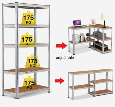 Полиця для зберігання Royalswill Heavy Duty Shelf, 170 x 75 x 30 см - Металева полиця Підвальна полиця Полиця Майстерня без болтів Полиця з 5 суцільними полицями МДФ панелі, вантажопідйомність до 875 кг, Оцинкована 170x75x30см Оцинкована