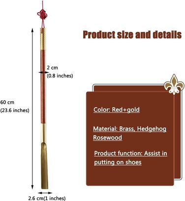 Допоміжна палиця для взуття для вагітних, класичний китайський золотий обруч у формі ріжка, латунний домашній підйомник для взуття з довгою ручкою та китайським вузлом, високоцінний червоний золото