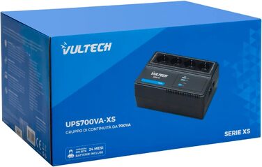 ДБЖ Vultech UPS700VA-XS багатороз'ємний 700VA/390WA, інтерактивна технологія лінії безперебійного живлення, захист AVR для ПК та модему, 4 виходи Shuko, 2 USB-зарядні пристрої для смартфона та