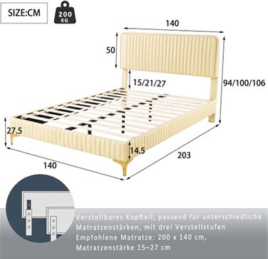 Класичне двоспальне ліжко з регульованим узголів'ям і високими металевими ніжками, двоспальне ліжко, молодіжне ліжко з рейковою основою, підходить для дому та готелю (матрац в комплект не входить). (Колір Бежевий)