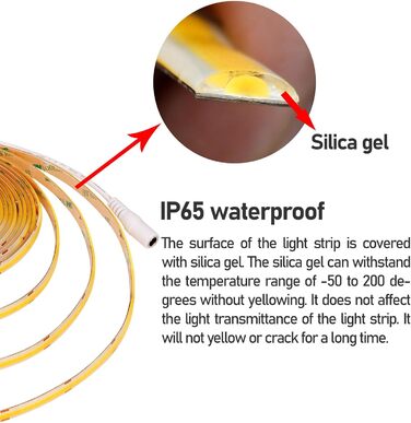 Світлодіодна стрічка GOMING 12 В COB тепла біла 3000K IP65 водонепроникна 5 м тепла біла світлодіодна стрічка 11 Вт / м 312 світлодіодів / м Самоклеюча світлодіодна стрічка CRI 93 Світлодіодна стрічка високої яскравості для внутрішнього та зовнішнього озд