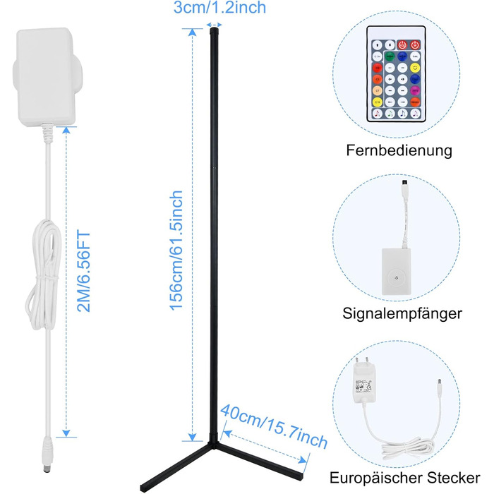 Світлодіодний торшер з регулюванням яскравості з дистанційним керуванням, кутовий торшер 156 см для вітальні та спальні, стовпчик зі зміною кольору, колірна температура RGB, кутовий світильник і яскравість безступінчастих підлогових світильників з регулюв