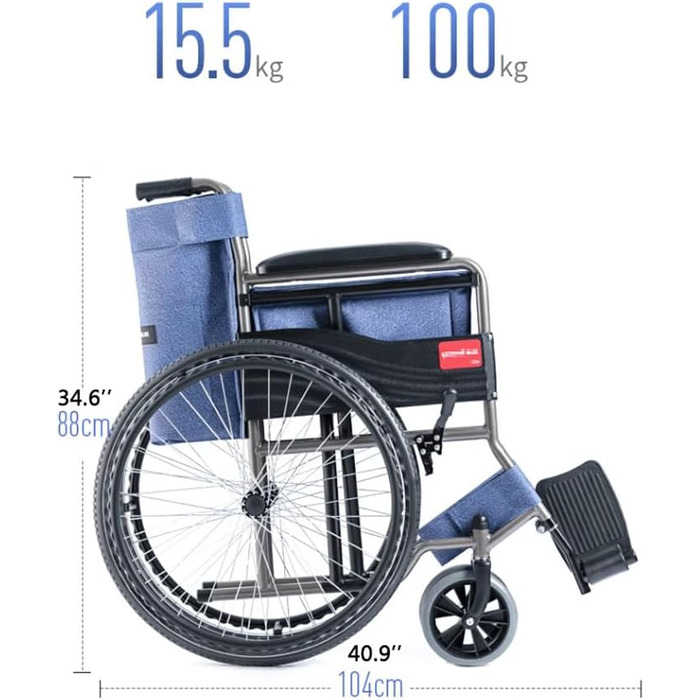 Розбірний, легкий, ручний, з відкидною підставкою для ніг і ніг, для подорожей, для літніх людей, 100 кг, задні колеса 61 см, транспортне крісло Blue