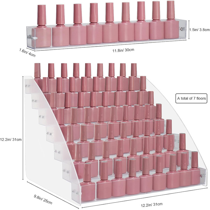Шаровий органайзер для зберігання лаку для нігтів, прозора підставка для акрилового лаку для нігтів, декоративна сходова акрилова вітрина для нігтів для косметичного туалетного столика Полиця для столу Clear 7 шарів, 7-