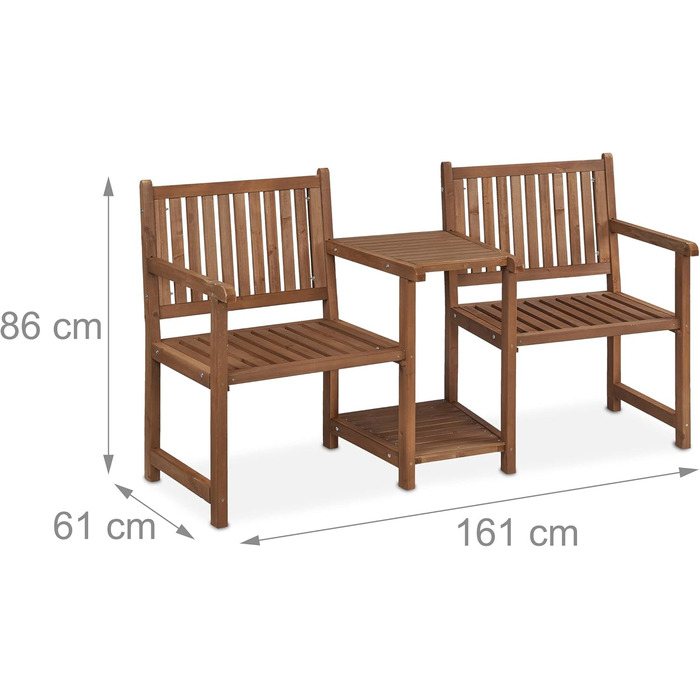 Садова лавка Relaxdays з вбудованим столом, 2-місна, міцна дерев'яна лава, сад і балкон, HBD 86x1661 см, коричневий, 100