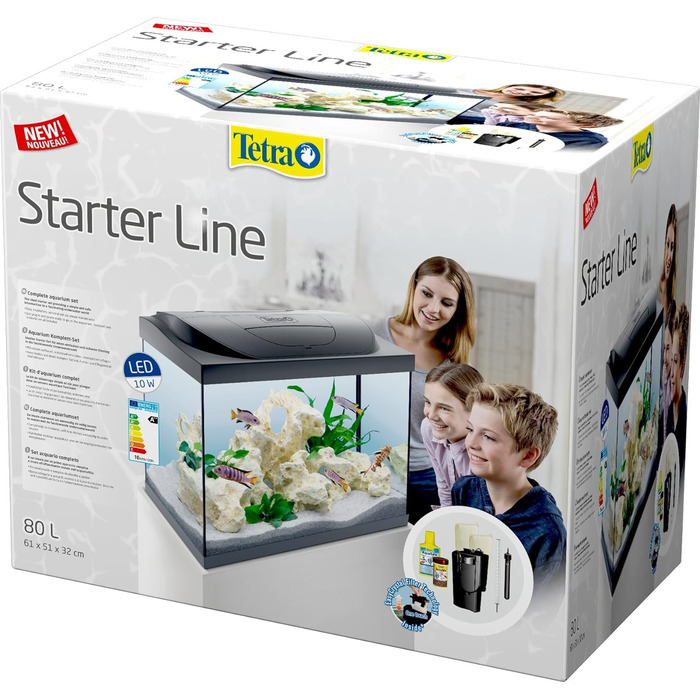 Комплектація акваріума Tetra Starter Line 54 л - в т.ч. денне і нічне освітлення світлодіодне освітлення, внутрішній фільтр, обігрівач, кондиціонер для корму для риб і води (з денним світлом, 80 літрів)