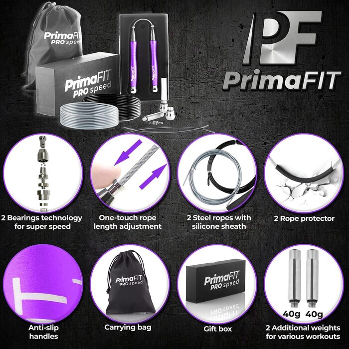 Скакалка PrimaFIT для дорослих Fitness Pro Швидкісна скакалка 3 м регулюється з обтяженнями, 2 кульковими підшипниками та протиковзкими ручками, професійний скіппінг для боксу, ММА, кроссфіт, додаткова сталева мотузка, сумка (фіолетова)