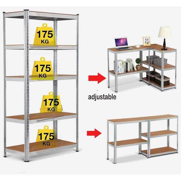 Полиця для зберігання Royalswill Heavy Duty Shelf, 170 x 75 x 30 см - Металева полиця Підвальна полиця Полиця Майстерня без болтів Полиця з 5 суцільними полицями МДФ панелі, вантажопідйомність до 875 кг, Оцинкована 170x75x30см Оцинкована