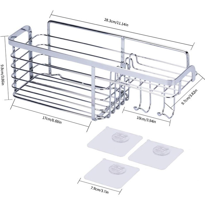 Душова стійка з нержавіючої сталі без свердління, багатофункціональна душова стійка з нержавіючої сталі Душова корзина для підвішування з 3 клейкими гачками, полиця для ванної кімнати Самоклеюча душова стійка для кухні у ванній кімнаті