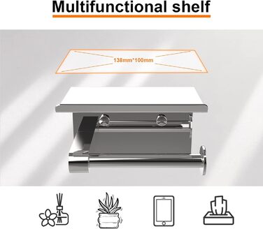 Тримач для туалетного рулону Ibergrif з 2 способами кріплення, тримач для туалетного рулону без свердління, настінний тримач для туалетного рулону, тримач для туалетного рулону з поличкою, нержавіюча сталь, срібло Вгору