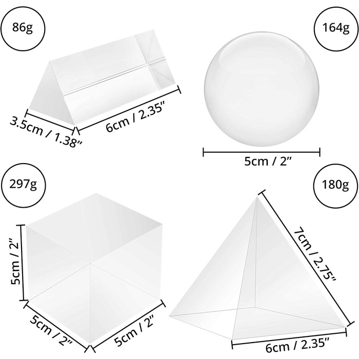 Кришталеві призми трикутник, сфера, піраміда, куб - спектрометр зі скляною призмою з сумкою, тканиною з мікрофібри та подарунковою коробкою - Кришталеве скло світловий спектр веселка фотографії, 4 шт., K9