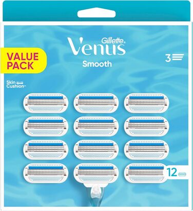 Леза бритви Gillette Venus Smooth для жінок, 12 змінних лез для жіночих бритв з 3 лезами, що підлаштовуються під контур тіла, оточені захисними подушками