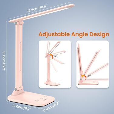 Настільна лампа, настільна лампа світлодіодна з регулюванням яскравості з 5 режимами освітлення Рівні яскравості 15-100, таймер і сенсорна настільна лампа з USB-портом Лампа для читання для дітей Навчання в офісі Робота Навчання (рожева настільна лампа з 