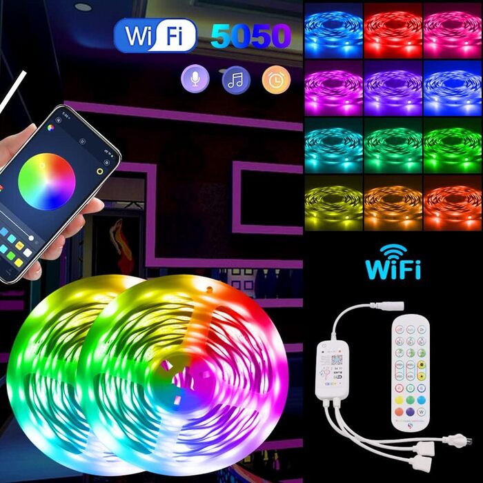 Світлодіодна стрічка Wisada WIFI, 30M 12V RGB 5050 Smart LED Light Strip Самоклеючі світлодіодні струнні ліхтарі зі зміною кольору з дистанційним керуванням і синхронізацією музики APP Підсвічування для дому та телевізора Підсвічування Rgb 30м