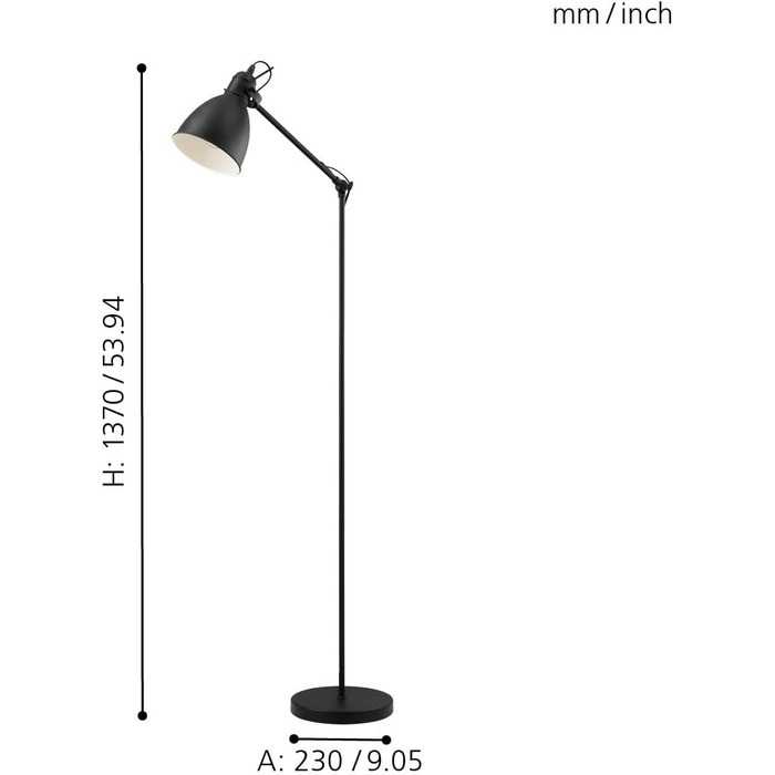 Торшер EGLO Priddy, вінтажний торшер у промисловому дизайні, ретро-металева лампа для читання в чорно-білому кольорі, торшер з цоколем E27