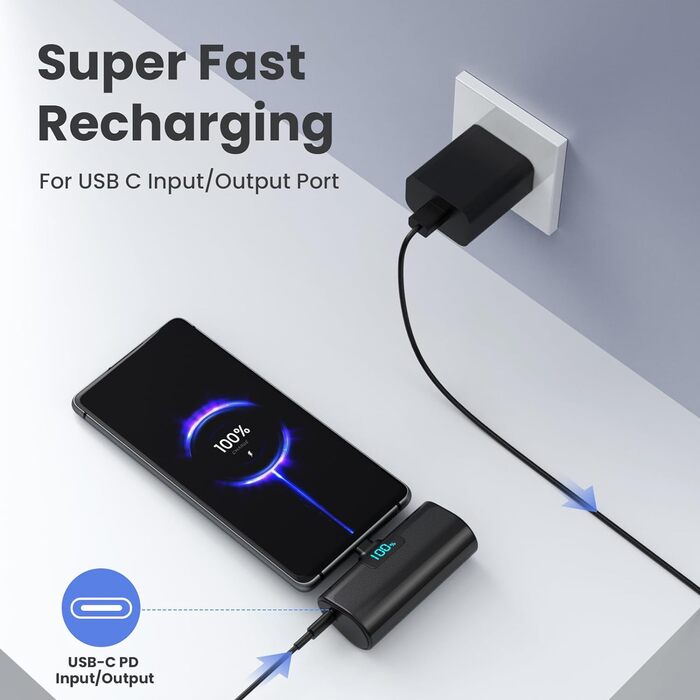 Міні-павербанк 5200 мАг, зовнішній акумулятор Small Power Bank USB C PD, компактний акумулятор з РК-дисплеєм і цифровим дисплеєм, сумісний з iPhone 15/16, Samsung S23/24 Series, Note20/10 Series, Huawei, iPad Pro/Air-Black