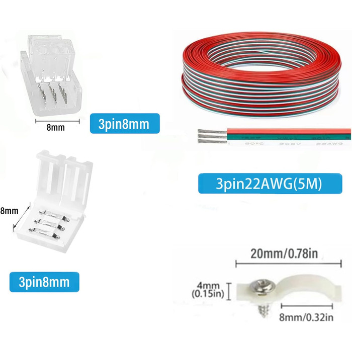 Світлодіодна стрічка Amefil, 3-контактна, 8 мм, водонепроникна, кольорове світло 3 PinRGB, з подовжувачем, 22AWG для 12/24 В, 50503528 RGBW світлодіодне світло.