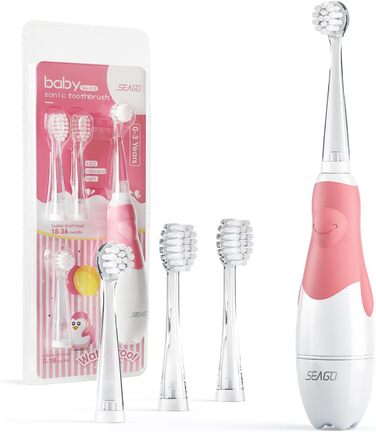 Водонепроникна дитяча зубна щітка IPX7 (Sonic Toothbrush 4 шт. Brush Heads, Pink), 513 Electric Sonic Toothbrush for Children from 0 to 3 Years LED Light Smart Timer Sonic Baby Toothbrush