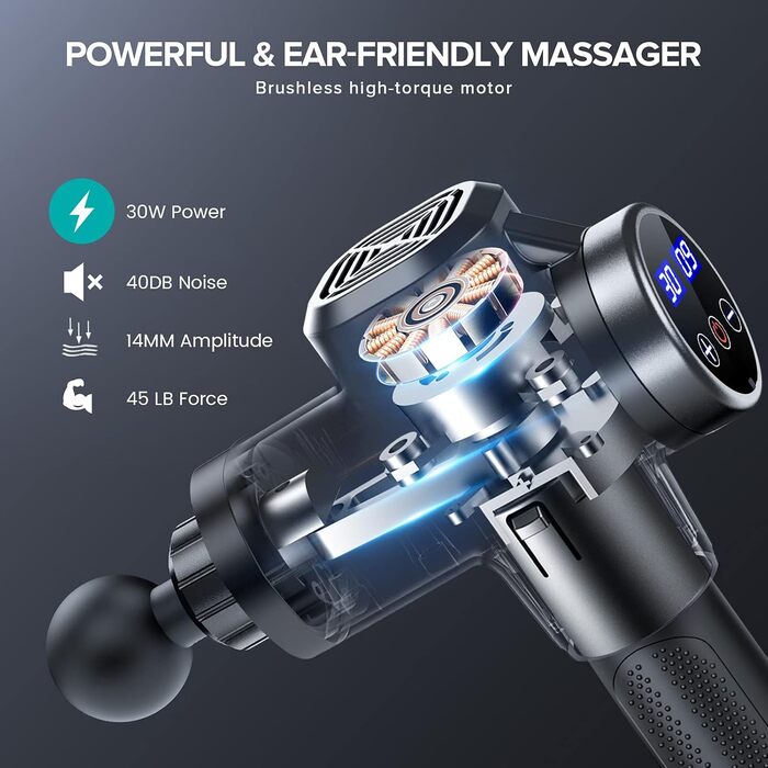 Масажний пістолет, ANSGEC Massage Gun Massager Powerful Deep Tissue 30 Speeds Massage Gun Electric with 8 Heads, тихий масажний пістолет для мязів шиї та спини