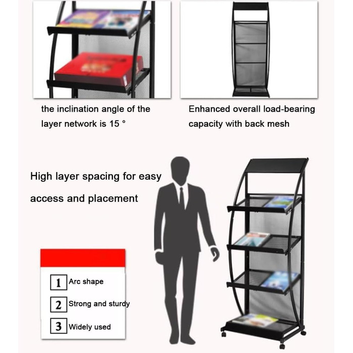 Підлоговий стелаж для журналів, стелаж для брошур на 4-х колесах, 4-шаровий стелаж для газет, для виставок, торгових центрів, легко переміщується і збирається (колір білий, розмір 48 x 38 x 135 Білий 48x38x135 см)