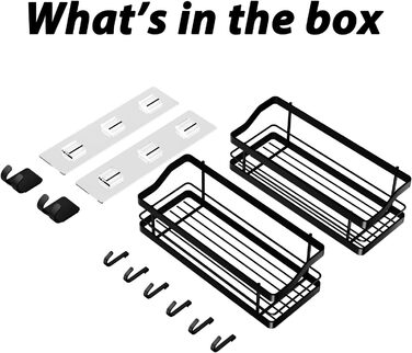 Полиця для душу Carwiner для ванної кімнати, 2 шт. , кошик з 8 гачками для підвішування шампуню-кондиціонера, полиця з нержавіючої сталі, настінна, органайзер для зберігання на кухні, не вимагає свердління (чорний)