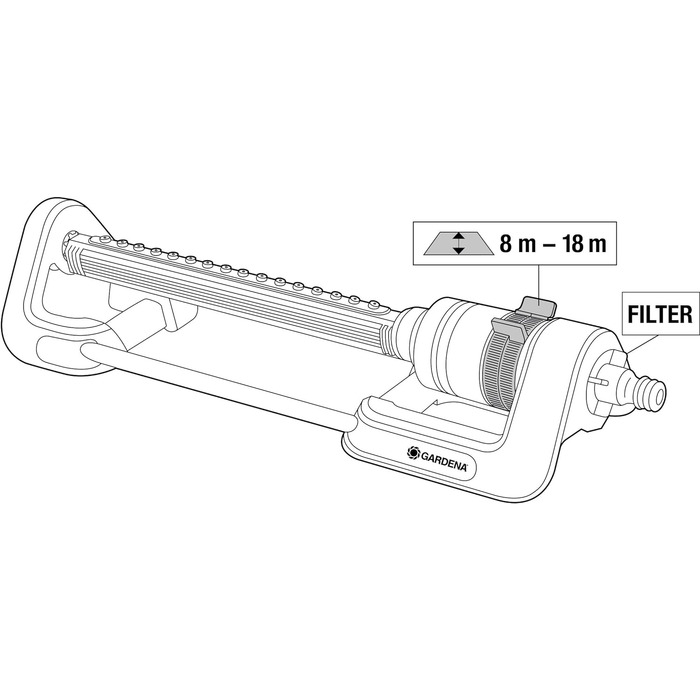 Компактний осцилюючий спринклер Gardena AquaZoom спринклер для зрошення корисних площ від 9 до 216 м, дальність 3-18 м, діапазон дощування 3-12 м, вбудований внутрішній фільтр (18708-20) (110 м - макс. 250 м)