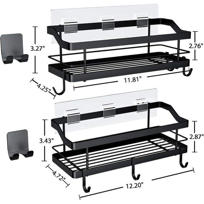 Полиця для душу Carwiner для ванної кімнати, 2 шт. , кошик з 8 гачками для підвішування шампуню-кондиціонера, полиця з нержавіючої сталі, настінна, органайзер для зберігання на кухні, не вимагає свердління (чорний)