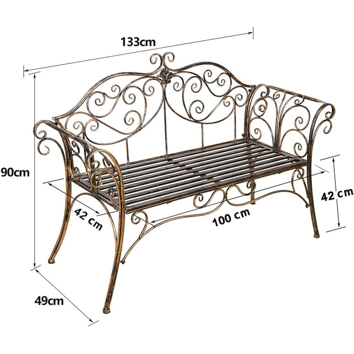 Садова лавка Металева лавка зі спинкою та підлокітником Залізна лавка для 2-3 місних Лавка в стилі ретро для саду, парку, балкона (бронза)