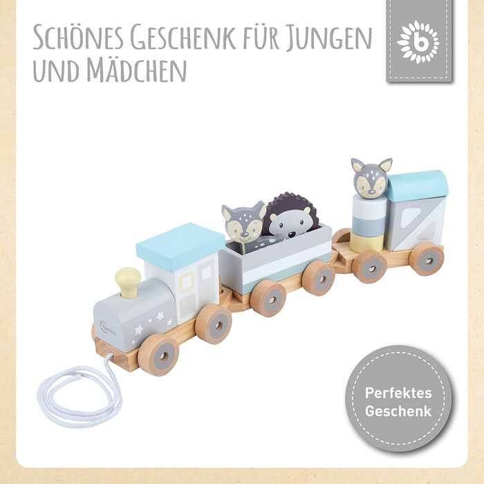 Дерев'яний поїзд Bieco з вставними фігурами Іграшка-поїзд з дерев'яними тваринами та дерев'яними будівельними блоками Симпатична іграшка на колесах від 1 року з дерев'яною вставною грою Дерев'яний поїзд на колесах в кольорах Scandi