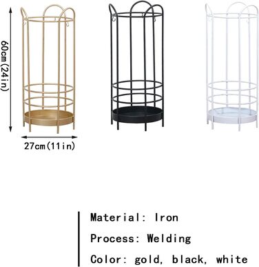 Органайзер для відра для парасольки Cuiynic, підставка для парасольки, кругла, з 3 гачками, металева підставка для парасольки, передпокій, офіс, тримач парасольки, золото, чорний, білий/білий (білий Q) Білий Q