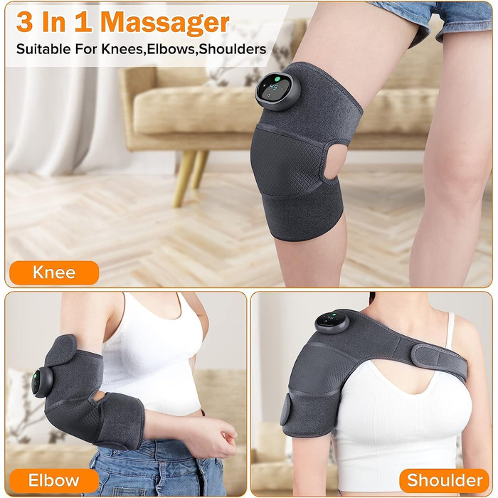 Масажер для колін Knee Warmer 3 В 1, колінний плечовий ліктьовий бандаж з 5 нагрівачами та 3 масажними, акумуляторний бандаж для колінного суглоба з підігрівом акумуляторного регульованого розміру для полегшення болю