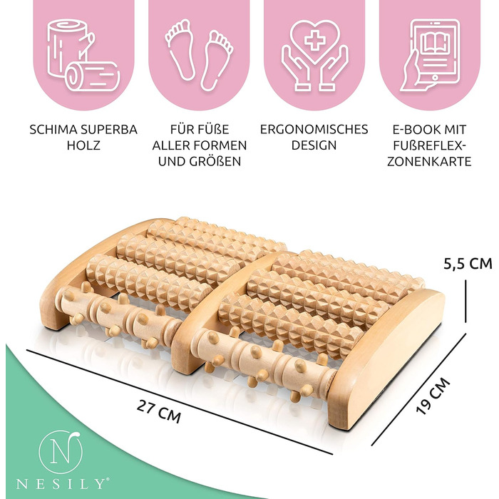 Ролик для масажу ніг NESILY Premium Wood в т.ч. німецька інструкція - Рефлексотерапевтичний масаж стоп - Ролик для масажу стоп Wood для масажу стоп - Роликовий масаж стоп Wood при підошовному фасціїті П'яткова шпора