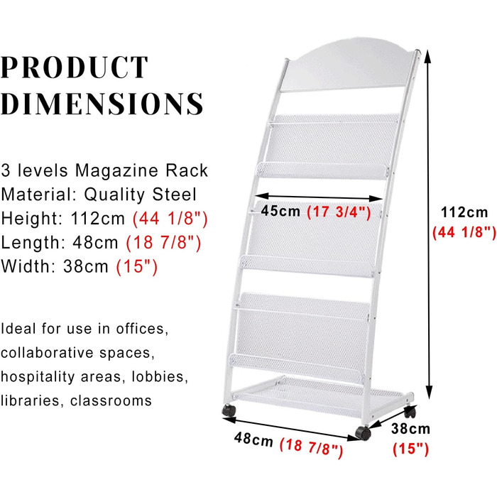 Підлоговий стелаж для журнальних брошур, білий метал для презентації, тримач для брошур з 3 рівнями і коліщатками, стелаж для брошур для книжкових магазинів, стелажі і полиці для зберігання журналів (M)