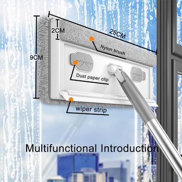 Склоочисник Quanerba 4 в 1, засіб для миття вікон та ракель для вікон з головкою, що обертається на 360 градусів, і накладками з мікрофібри, набір для миття вікон з телескопічною ручкою для високих вікон у приміщенні та на вулиці