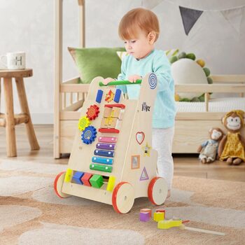 Ходунки Joyz Baby Walker Wood, натуральні, багатофункціональні ходунки для дітей від 1 року, Безкоштовні, дерев'яна іграшка Монтессорі з 6 активностями, Допоміжний засіб для ходьби з гумовими шинами, Ігровий та прогулянковий візок