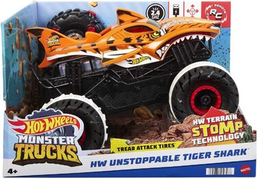 Машинка на дистанційному управлінні Hot Wheels Monster Trucks Tiger Shark, з технологією Terrain Stomp для руху, схожого на тваринний, режим коліщатка для включення 2-х коліс, іграшка від 4 років, HGV87 Orange-1.15 Tiger Shark